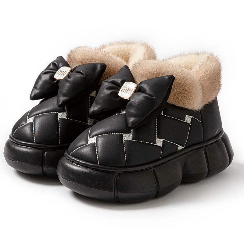 Women's Thick-Soled Waterproof Cotton Slippers - Men's Fashion, Warm Bow Style, Non-Slip for Outdoor Winter Wear.