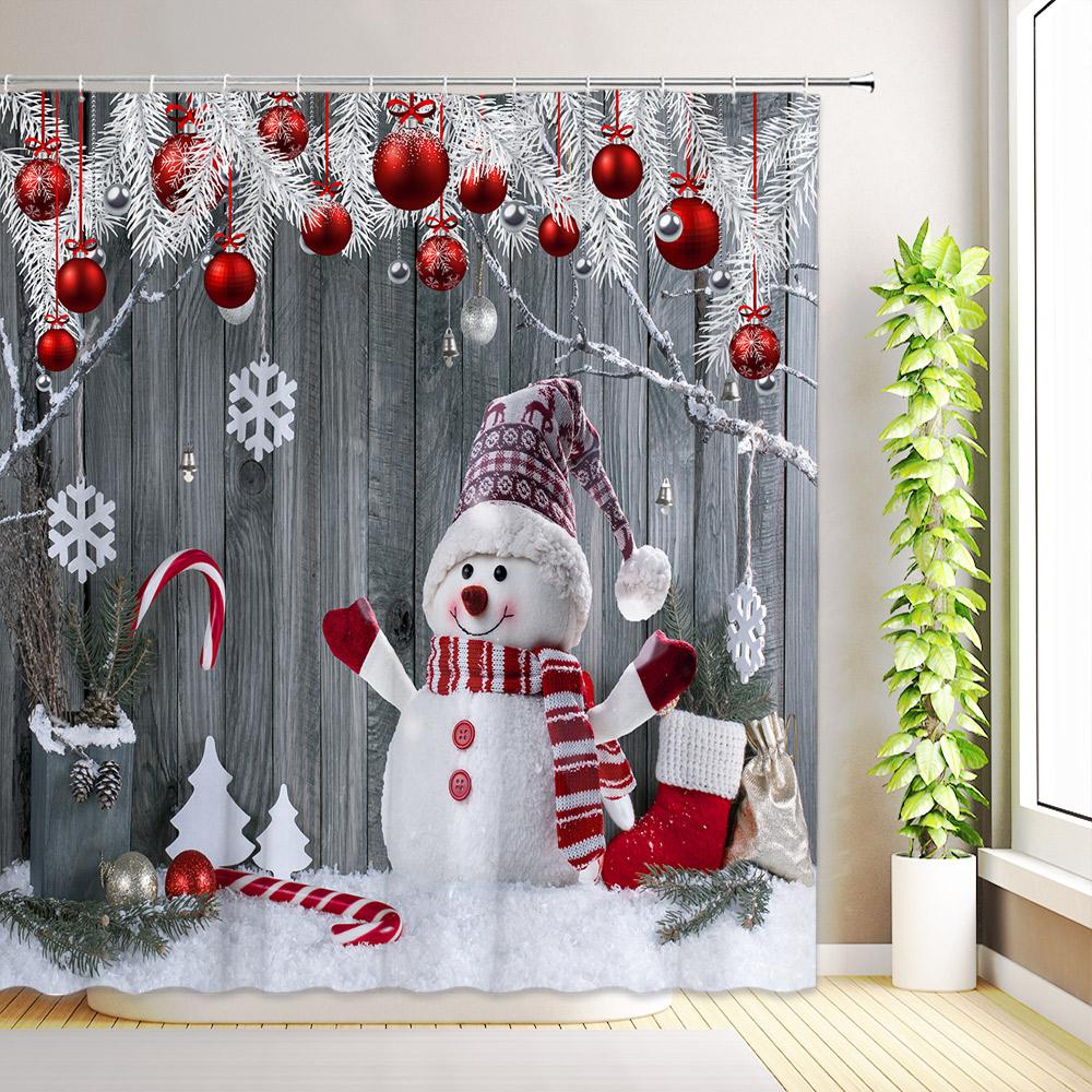 Winter Christmas Shower Curtain Santa Claus Snowman Snowflake Xmas Tree Gift New Year Home Decor Bathroom Curtains with Hooks