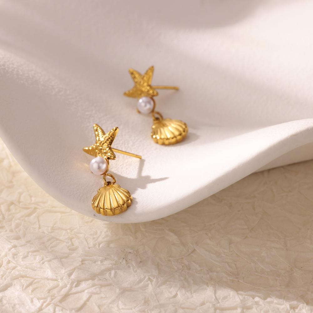 Pearl Starfish Shell Dangle Earrings For Women Gold Color Stainless Steel Earrings Aesthetic Boho Jewelry Summer Beach Gifts
