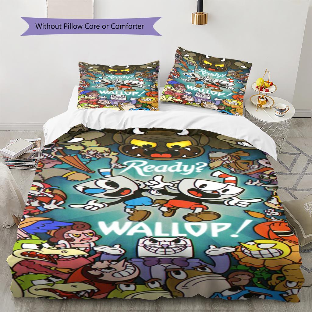 Cuphead Cute Cartoon Pattern Bedding,Quilt Set Quilt Cover Pillowcase Home Birthday Gift (1 * Duvet Cover + 2 * Pillowcase, Without Core)