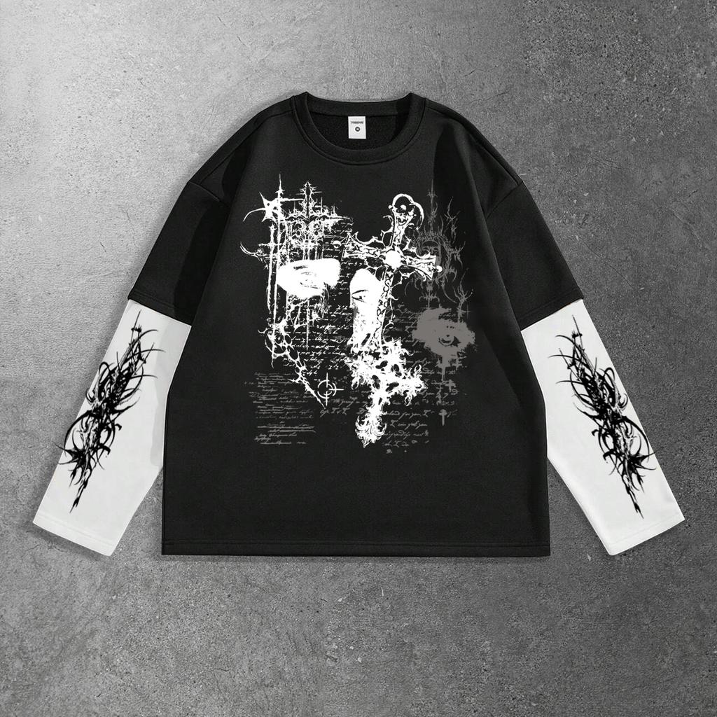 Thorns Cross Dark Fashion Style Men's Oversized Color-Blocked Long-Sleeve Top, Trendy Fashion Item