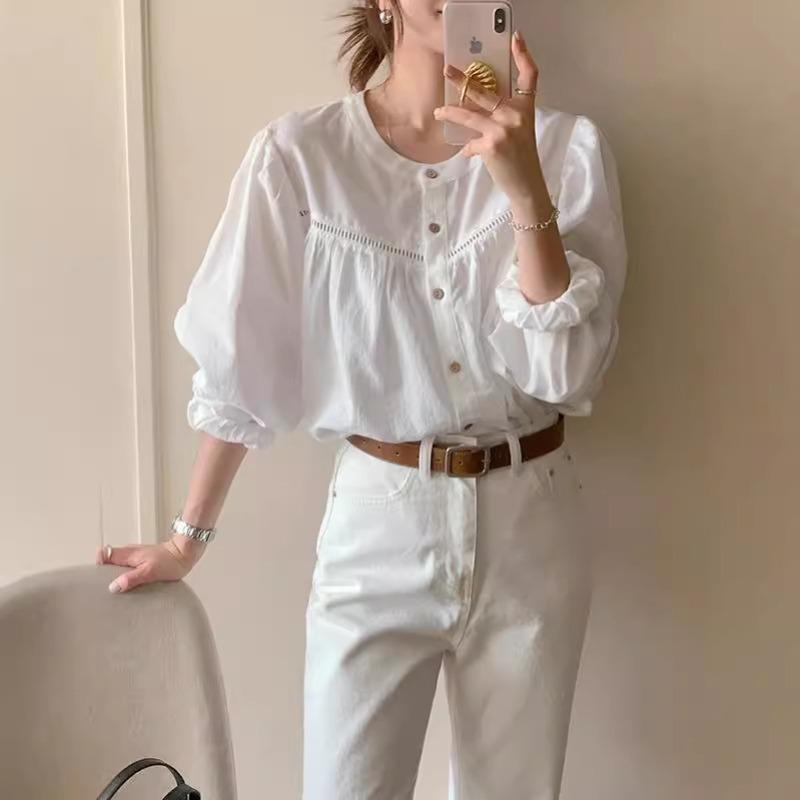 New Women s Hollow-out Lace Versatile Shirt for Spring and Autumn S белый