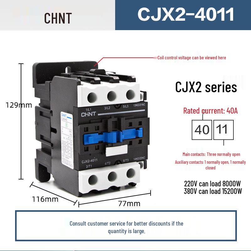 Chint Three-Phase AC Contactor CJX2 Series, 220V/380V, Models: 0910, 1210, 1810, 2510