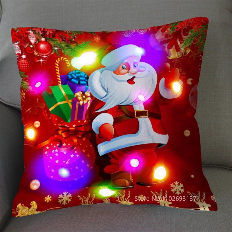 LED Light Santa Claus Cushion Cover Merry Christmas Decoration Throw Pillow Home Square Pillowcase Sofa Cushion New Year Pillow
