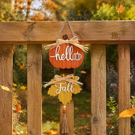 Thanksgiving Party Wall Hanging Hello Fall Wooden Sign, Pumpkin Maple Leaf Door Hanger with Festive Tabletop Decor Tassel, Autumn Harvest Decor,