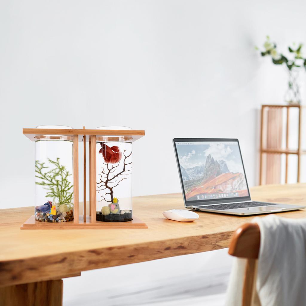 Desktop Mini Fish Tank, Dual-Cylinder Acrylic Aquarium with LED Lighting, Small Transparent Fishbowl for Home Office Desk Decor