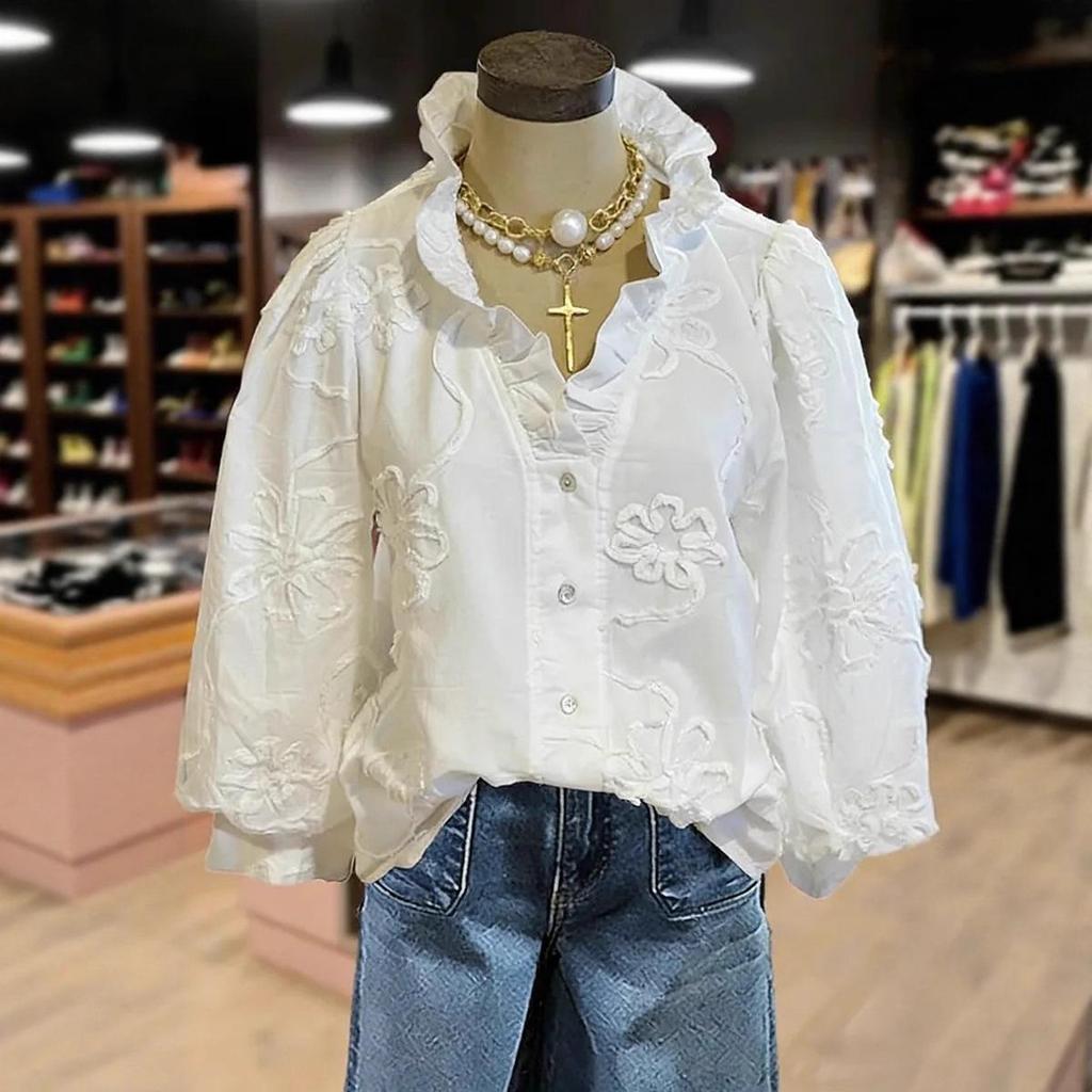 European-American V-Neck Ruffle Puff Sleeve Embroidered Women's Casual Holiday Top