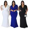 Plus Size Fringe V Neck Maxi Dress Long Sleeve Mermaid Gown Curvy Bodycon Fishtail Long Dress Sexy Tassel Shoulder Evening Party Formal Wedding Gown