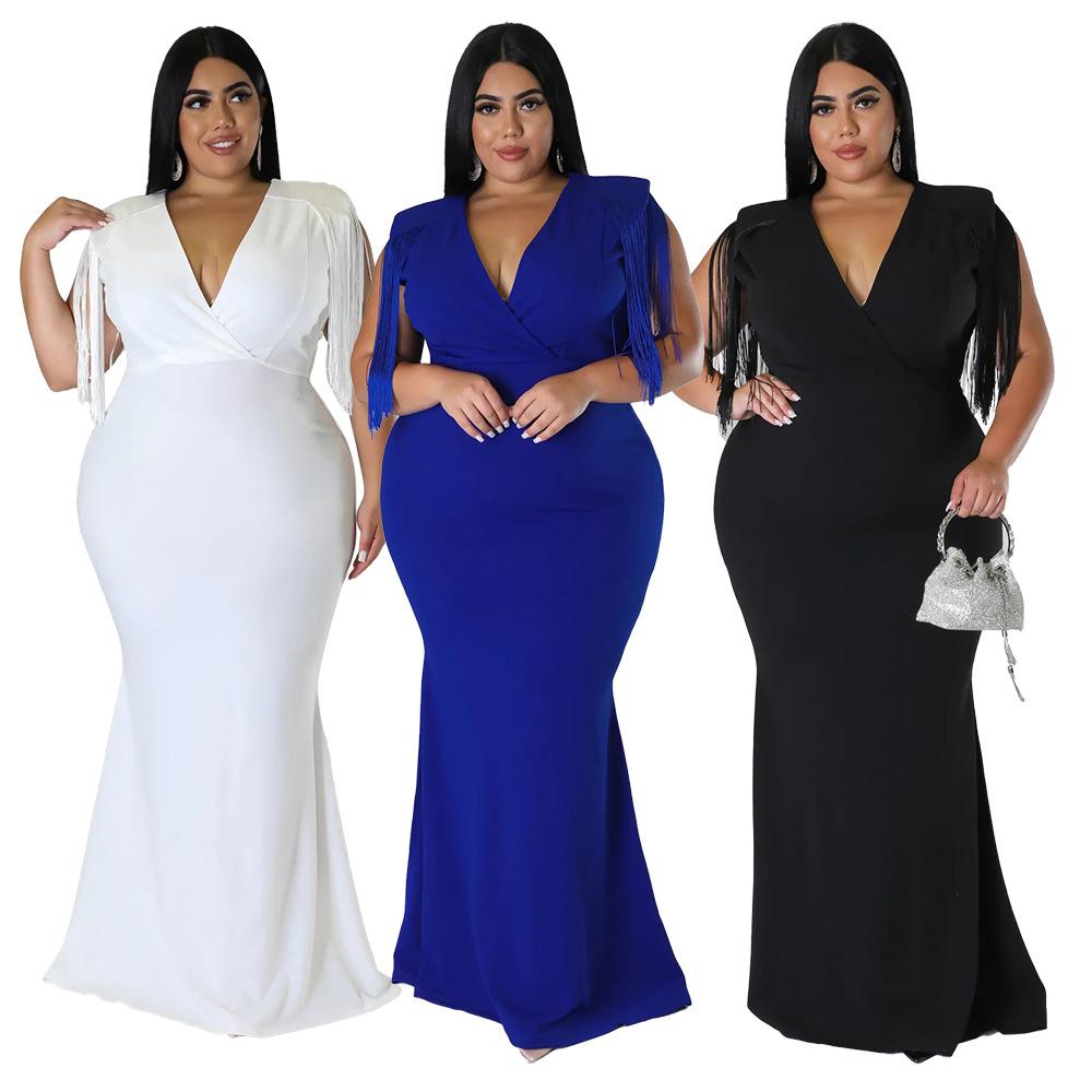 Plus Size Fringe V Neck Maxi Dress Long Sleeve Mermaid Gown Curvy Bodycon Fishtail Long Dress Sexy Tassel Shoulder Evening Party Formal Wedding Gown
