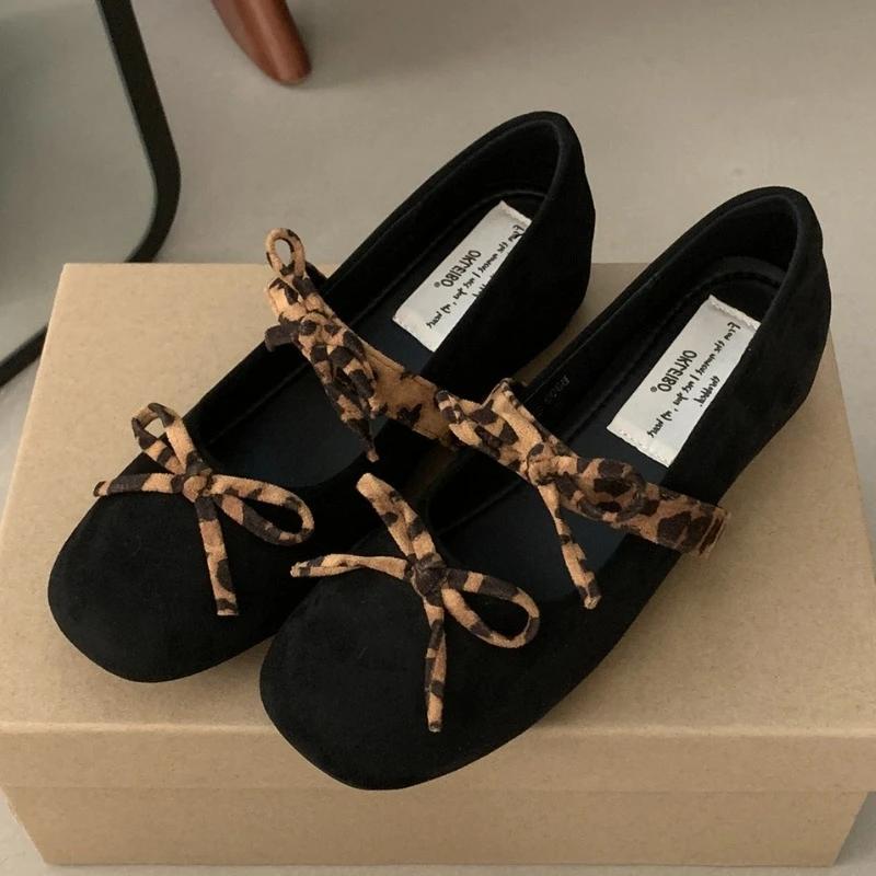 Fashion Suede Bowknot Mary Jane Shoes Women Shallow Comfort Leopard Print Ballet Shoes Ladies Fashion Retro Round Toe Flat Shoes Women