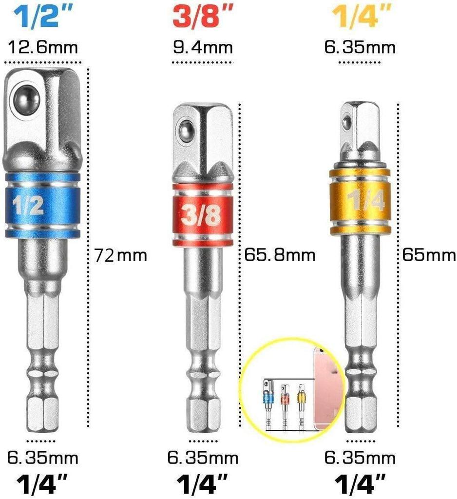 3-Piece Nickel-Plated Steel Ball Extension Rod Set for Electric Drill To Wrench Conversion.