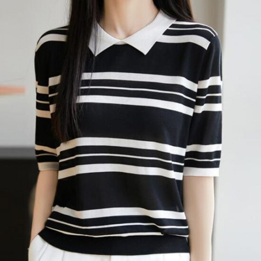 Navava Women S caSual Striped Collar Short Sleeve Knit Tee Nk2951