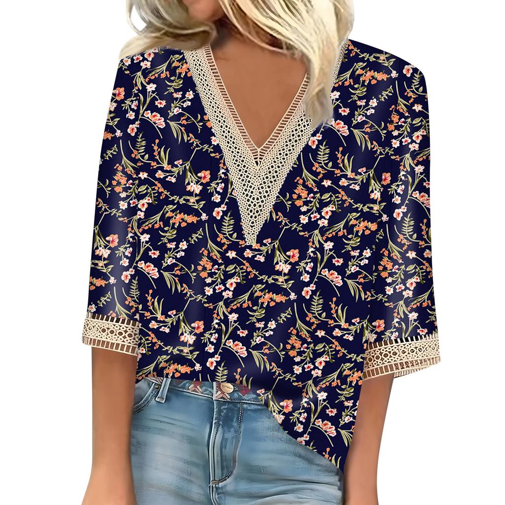 Women's Shirt Blouse Casual Loose Shirts 3/4 Sleeve Lace Trims Print V Neck Tops Print Tops T-shirts Tee