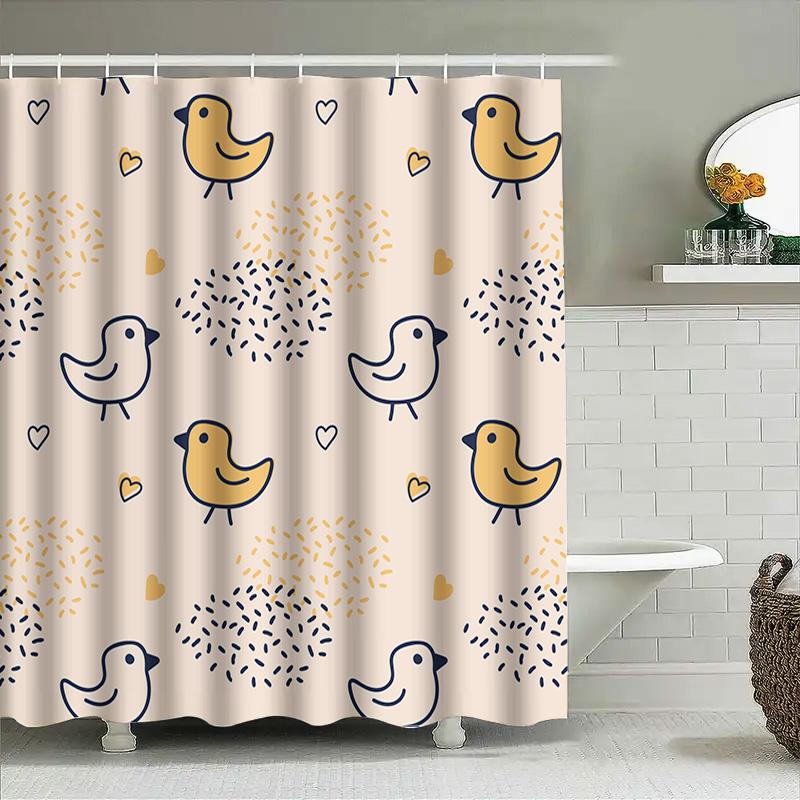 Eleganter Duschvorhang mit niedlichen Vögeln und Herz-Dekor für die Heim-Badezimmerdekoration Wasserdichtes Gewebe Rosa Gelb Marineblau