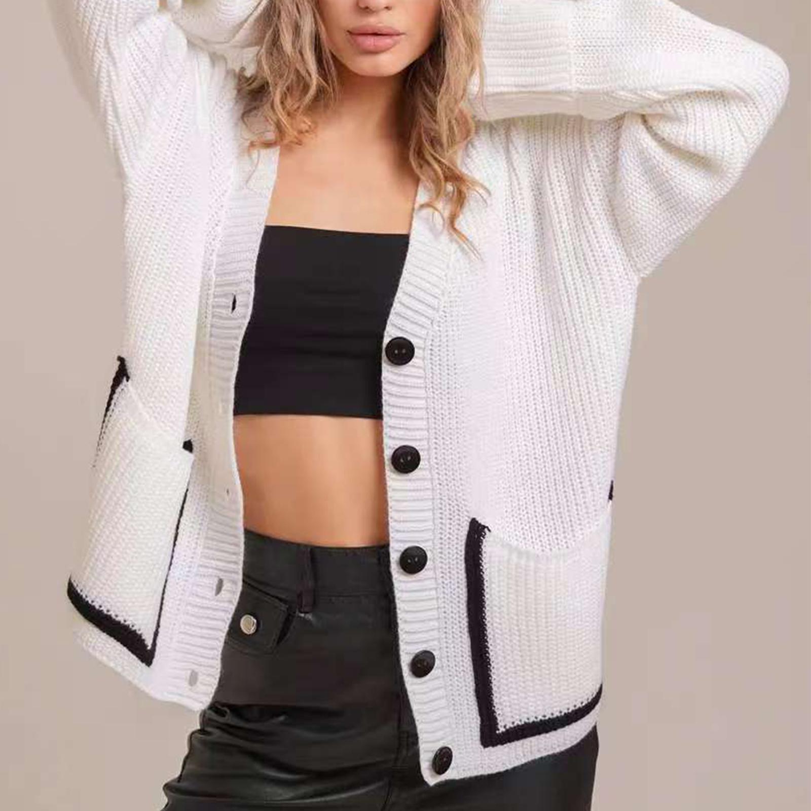 

Women s Fashion Casual Fashion Contrasting Color Knitted Cardigan V-neck Long Sleeved Jacket XL білий