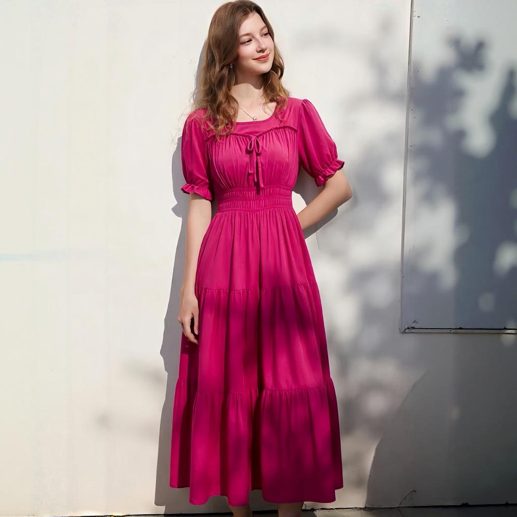 Summer Fashion Poly-cotton Square Collar Short-sleeve Midi Dress for Women Solid-color Puff Sleeve Ruffled Splice A-line Vacation Beach Dress