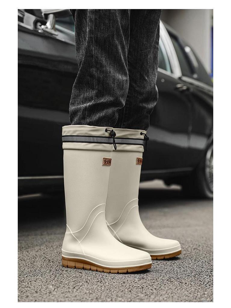 Men's High-Top Waterproof Non-Slip Rain Boots with Drawstring Long Tube Style