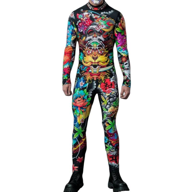 Унисекс Татуировка Череп Паук Дракон Расписанный 3D Цифровая Печать Сценический Костюм Комбинезон Женский Мужской Хэллоуин Вечеринка Наряд Косплей Костюм S