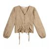Loose Lace-up Drawstring Blouse V-neck Ladies Shirt Top Fashion Long Sleeve Shirts  Female