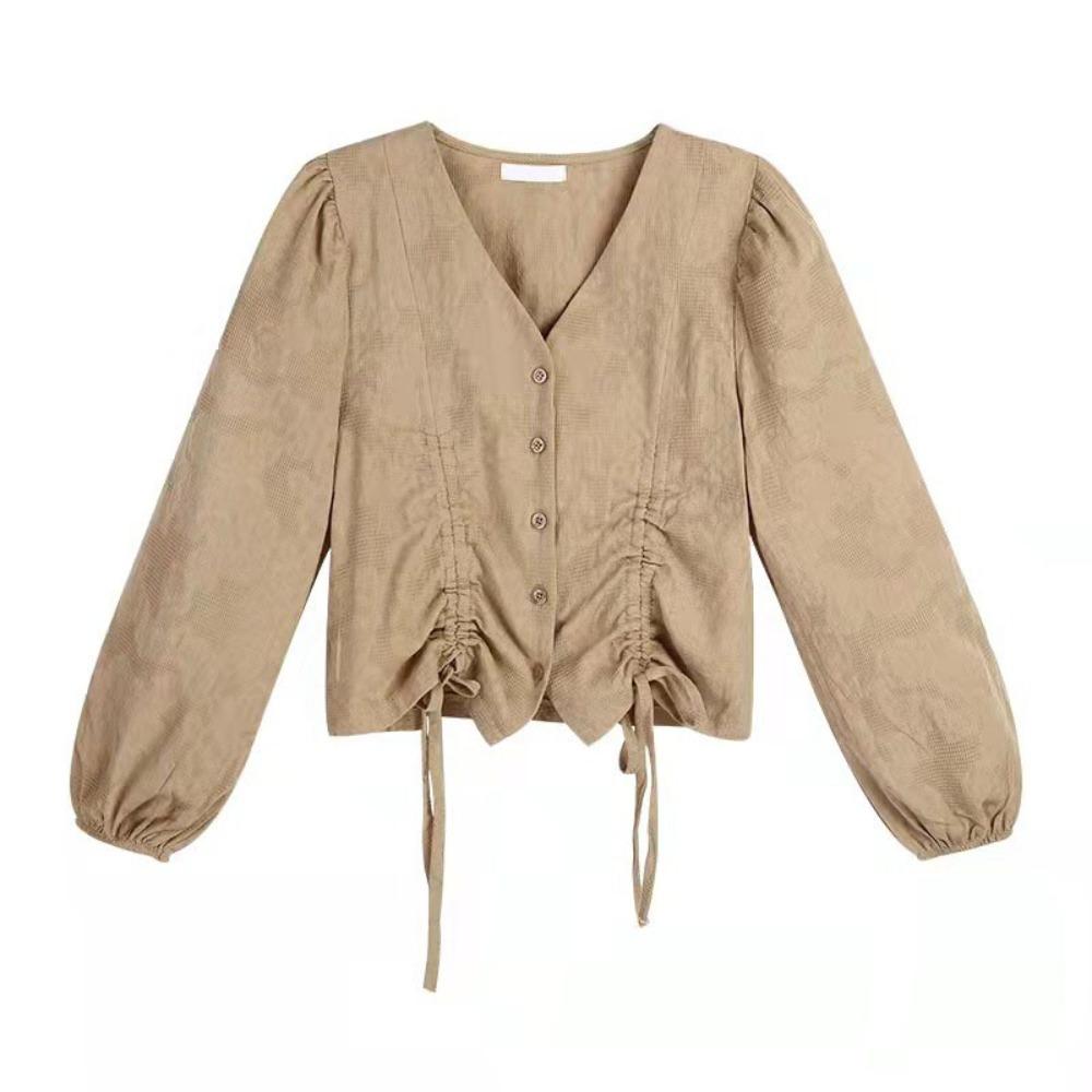 Loose Long Sleeve Shirts V-neck Ladies Shirt Top Sweet Lace-up Drawstring Blouse  Girls