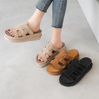 Platform Slippers Women's Summer New Hollow Breathable Fashion Versatile Casual Beach Leather Half Slippers Women