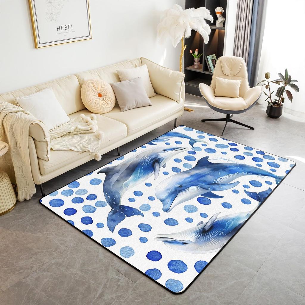 Jumping Dolphins Area Rug for Kids Boys Girls Cute Ocean Animal Decorative Carpet Sea Creatures Indoor Floor Mat Area Rug