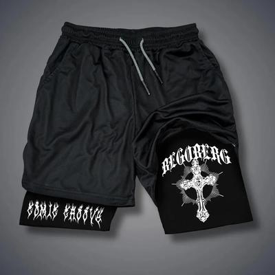 Herren 2 in 1 Sport-Shorts Gothic-Muster Kurze Hosen Fitness Laufhose Sportbekleidung Casual Shorts Sommer Kordelzug Jogginghose
