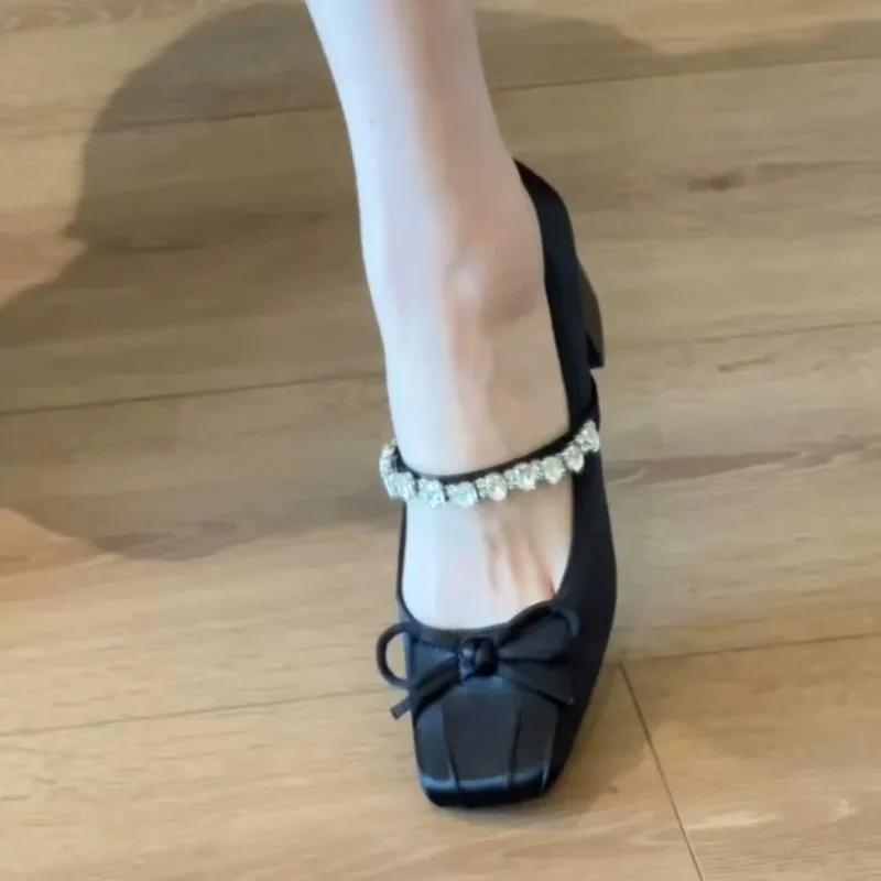 Fashion 2024 Elegant Woman Summer Round Toe Ballerina Flats Shoes  Cute Silk Satin Rhinestone Casual Flats Female Bow Mary Jane Shoes