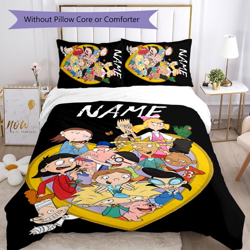 3pcs Custom Name Cartoon Hey Arnold Bedding Set Duvet Cover Closure Includes 1 Duvet Cover & 2 Pillowcases for All Seasons Bedroom Decor