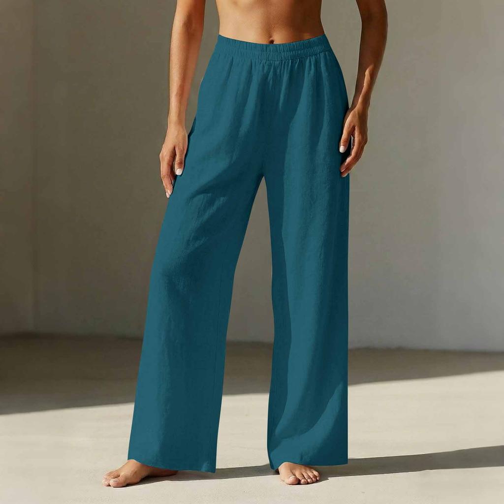 Pantalones Cropped Rectos de Algodón y Lino para Mujer Cintura Elástica Casual Ajuste Holgado Pantalones con Bolsillos para el Uso Diario