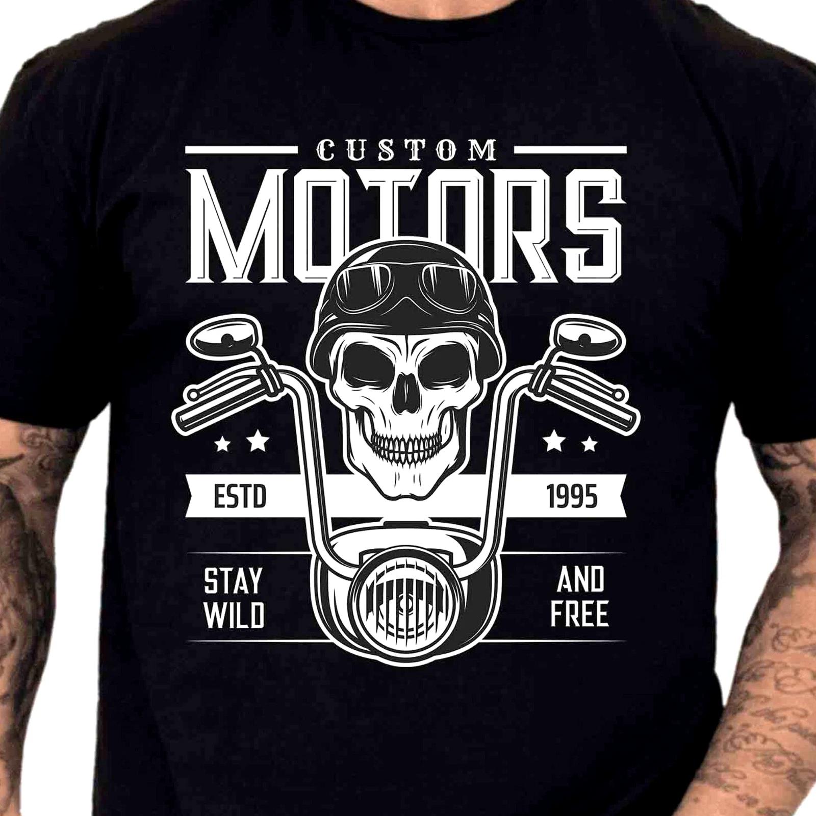 Custom Motors T-Shirt Skull Biker Stay Wild And Free Motorcycle Graphic Tee XL