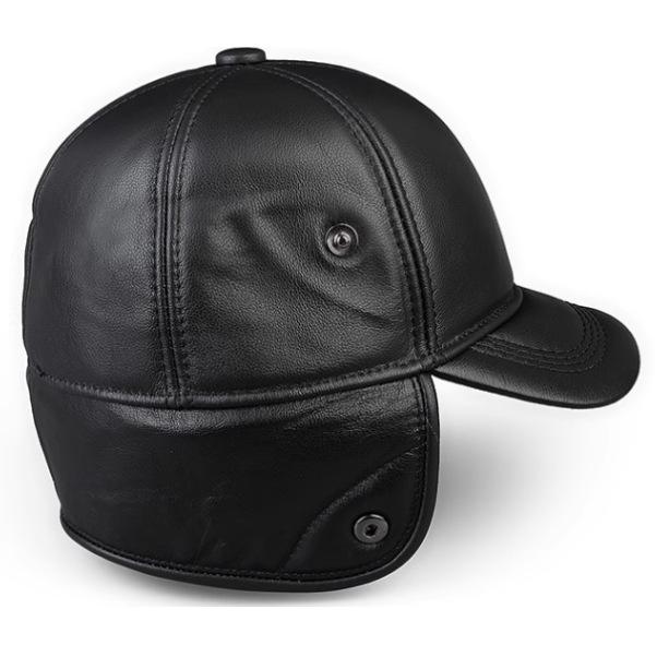 Men's Winter Genuine Leather Hat with Ear Protection and Fleece Lining - Warm Thickened Cowhide Lei Feng Style Cap for Outdoor Use