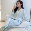 Striped Print Women Pajama Set Lace Sweet Long Sleeved Suit Pyjamas