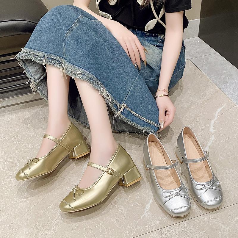 Vysoké podpatky stříbrné vnitřní zvýšení výšky baletky silný podpatek jediné boty dámské letní nové sukně boty Mary Jane