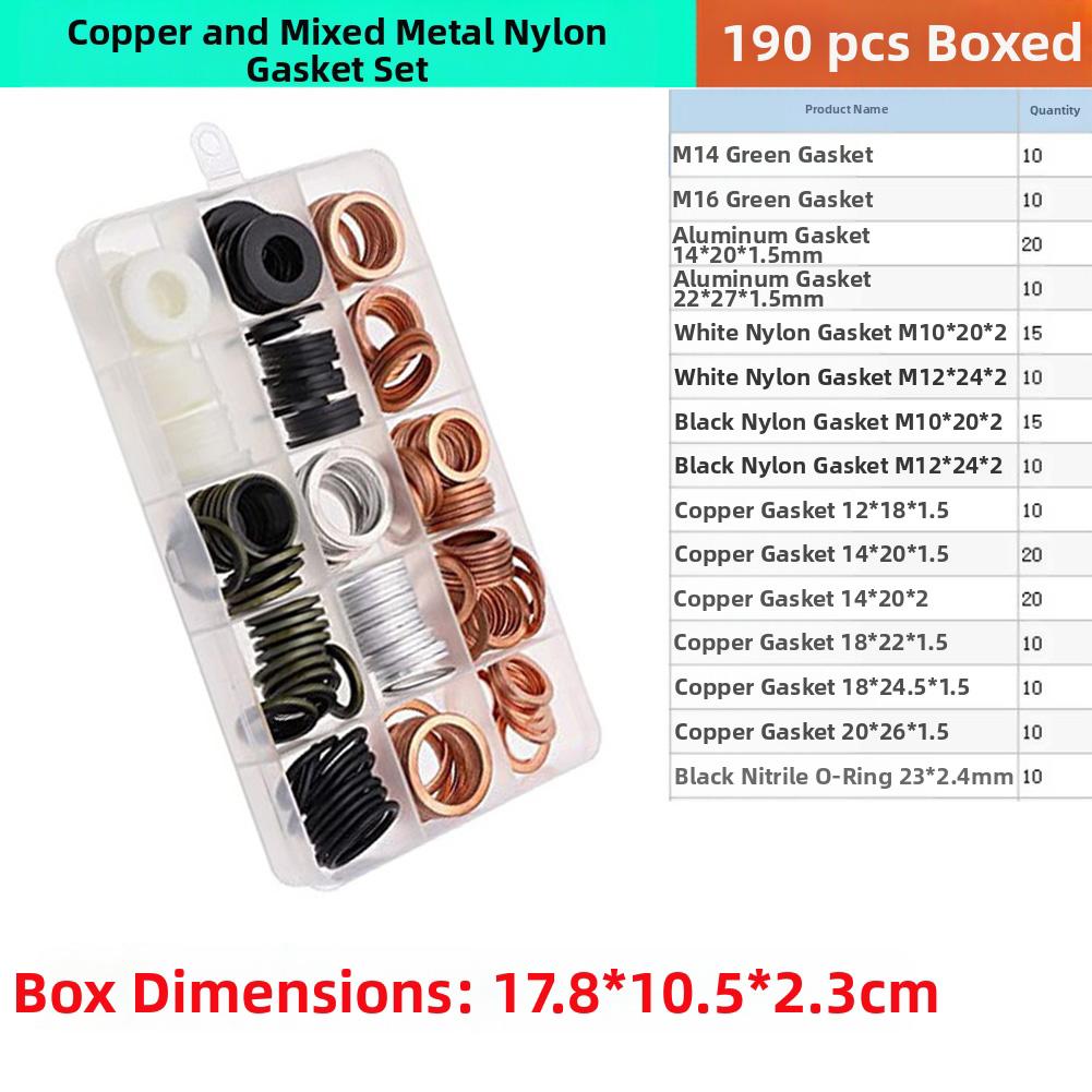 Boxed set of 190 copper mixed gaskets designed for automotive marine and household appliance sealing applications