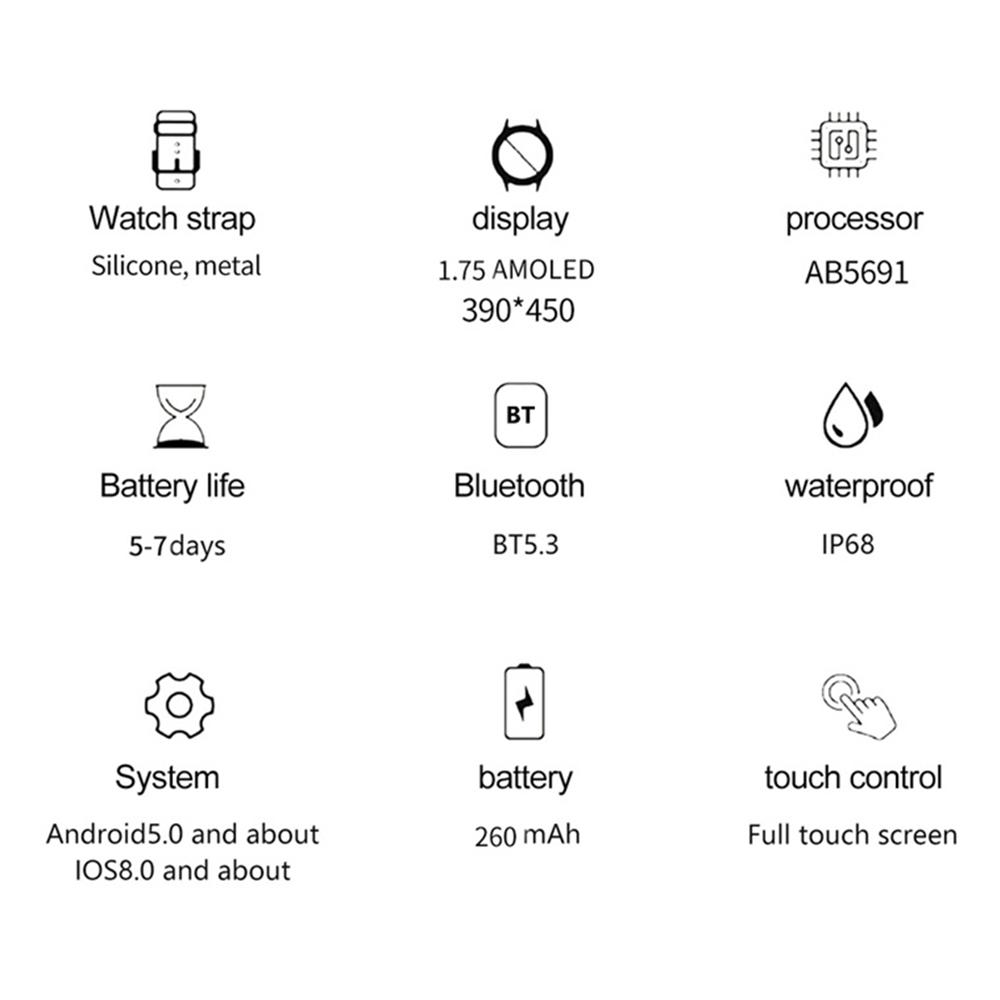 HK82 1,75-calowy kwadratowy ekran AMOLED z NFC inteligentny zegarek z monitorem zdrowia, pasek ze stali
