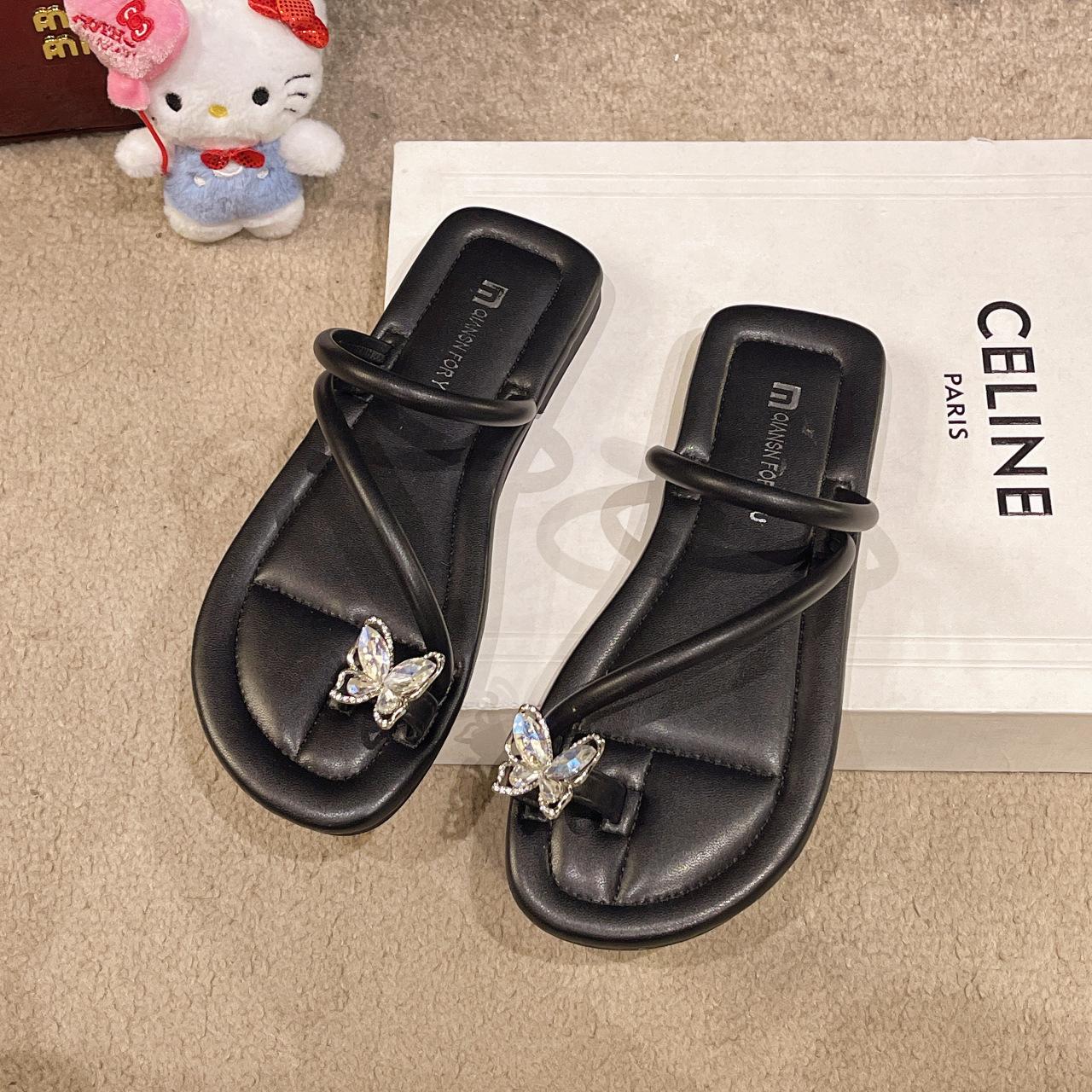 

Летние новые босоножки 2025 года, туфли на низком каблуке, плоские туфли во французском стиле, пляжные босоножки со стразами на носке 40 чёрный