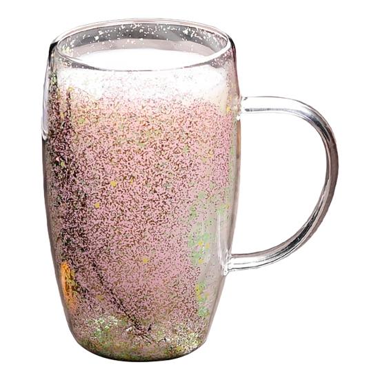 Double Wall Glass Mug with Flower Glitter Inside 450ml Large Capacity Heat & Cold Resistant Transparent Mug Creative Breakfast Coffee Cup