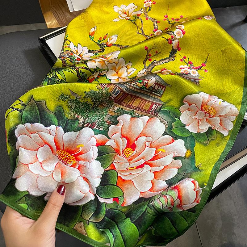Printed Silk Scarf Women's New Peony Flower Korean Version Spring and Autumn New Silk Square Scarf Mulberry Silk Autumn and Winter Warm Scarf