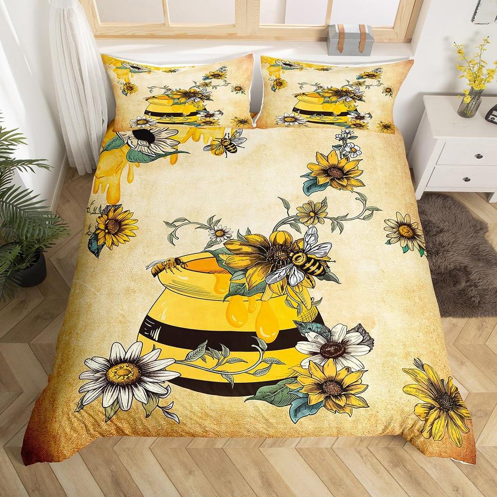 Cartoon Bee Duvet Cover Insect Honeybee Bedding Set Microfiber Wild Animal Comforter Cover King For Teens Boys Kawaii Home Decor