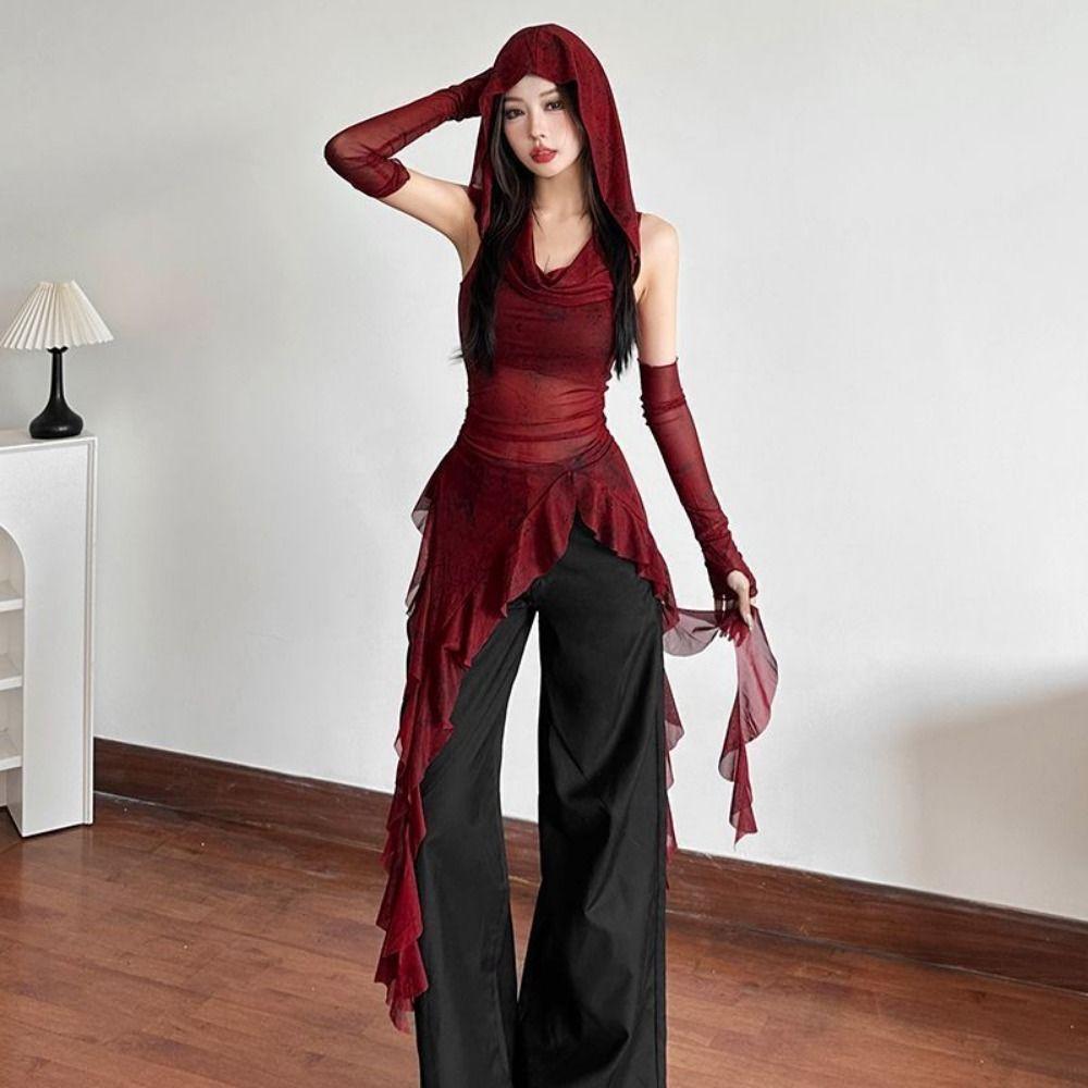 Hooded T-shirt Vintage Gothic Hooded Mesh Long Sleeve Tops Ruffle Long Sleeve Shirt  Girls Gift
