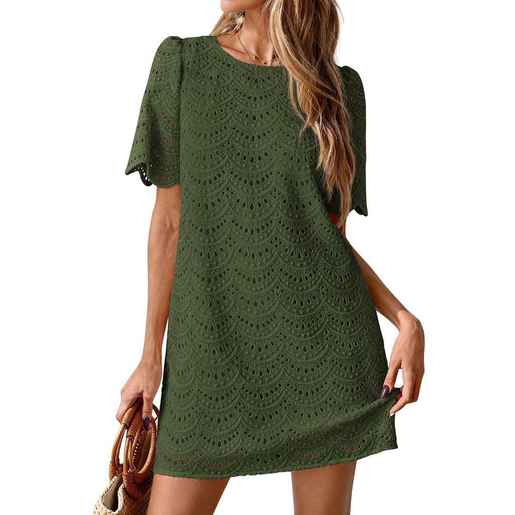 Summer Casual Short Dresses Embroidered Lace Short Sleeve Boho Dress Beach Vacation Clothes