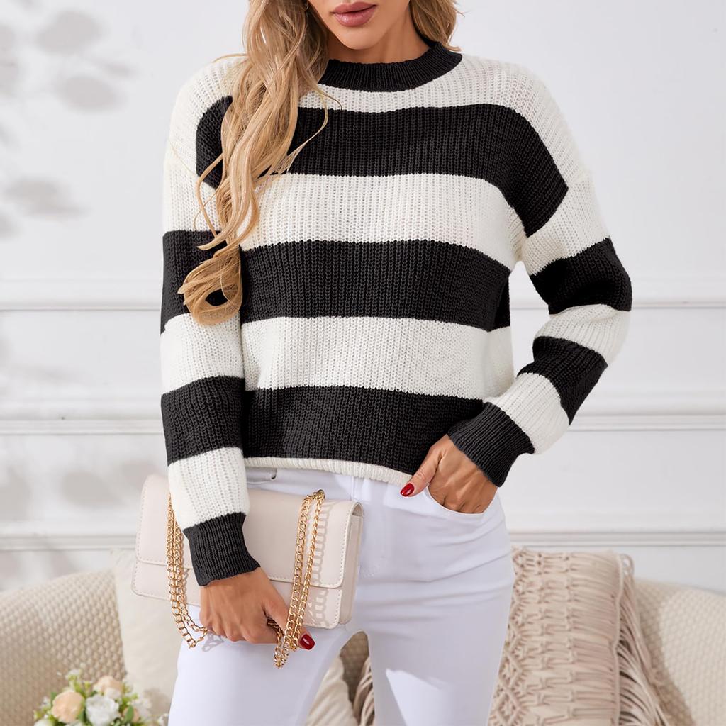 Pulover cu dungi pentru femei, larg și relaxat, pulover cu mâneci lungi, top tricotat cu gât rotund
