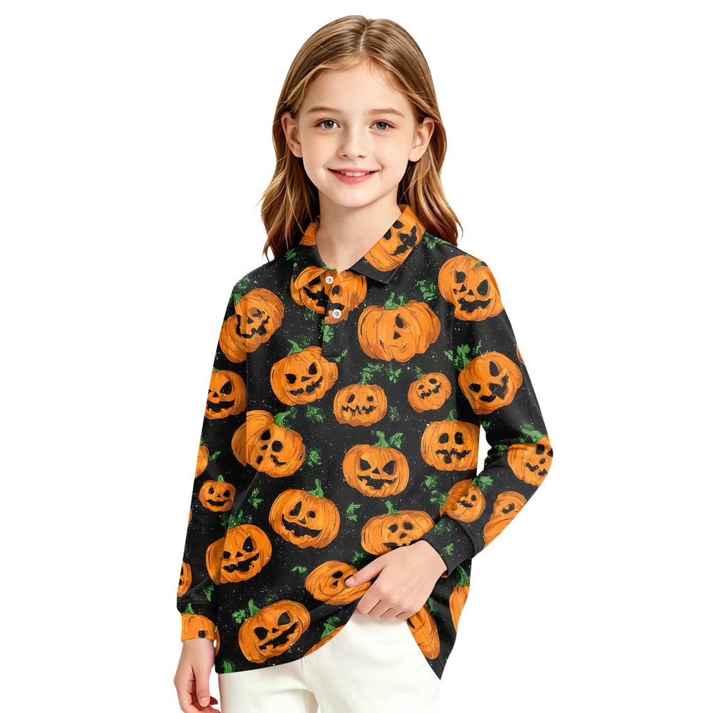 Girls School Uniform Top with Halloween Print Long Sleeve Casual Blouse for Daily Wear