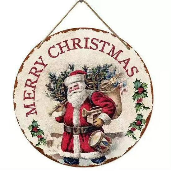 Santa Claus Christmas Wreath Wooden Hanging Sign for Wall, Door, or Window Décor