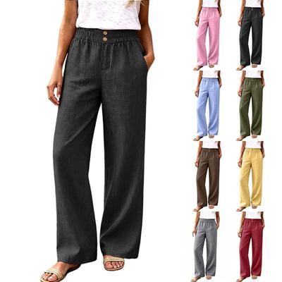 Women's Fashion Button Detail Straight Leg Casual Pants Elastic Waistband Lightweight Comfortable Wide Leg Trousers for Everyday Wear