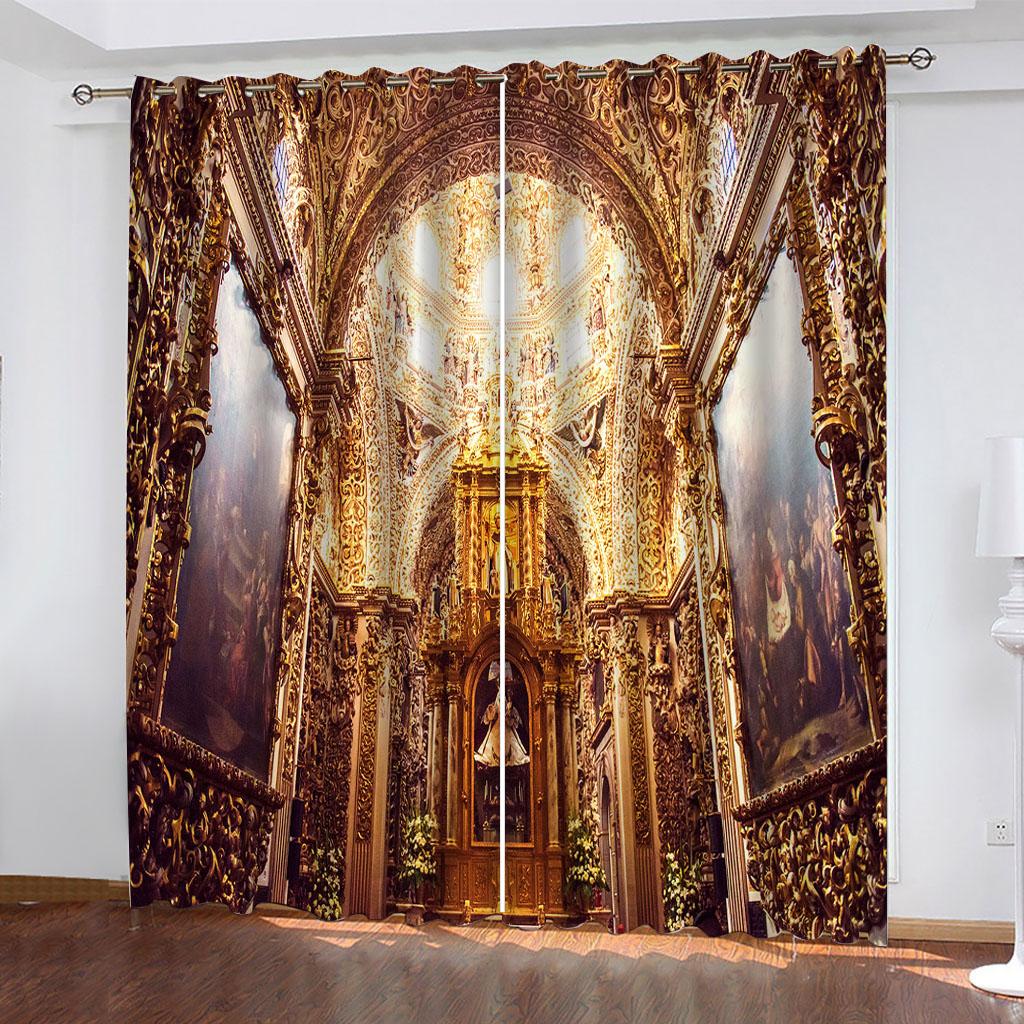 Living Room Curtains 2 Pieces Fashion 3D Golden Corridor Printed Polyester Eye Blackout Curtain Fabric Two Panels