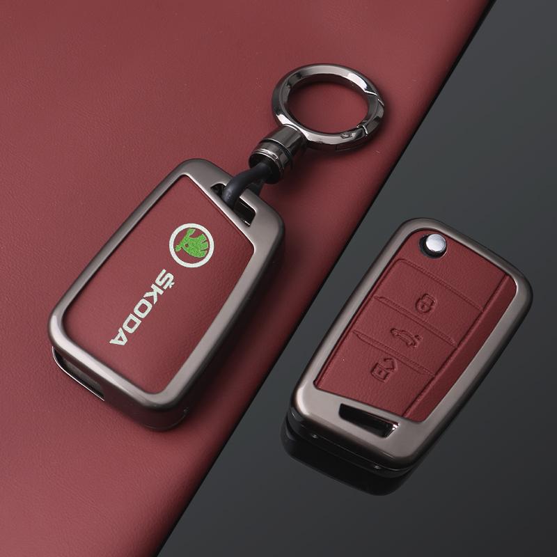 EMIW1 Zinc Alloy Leather Car Remote Key Case Fob Cover Holder Shell for Skoda Octavia Kodiaq Karoq Protector Keychain Accessories
