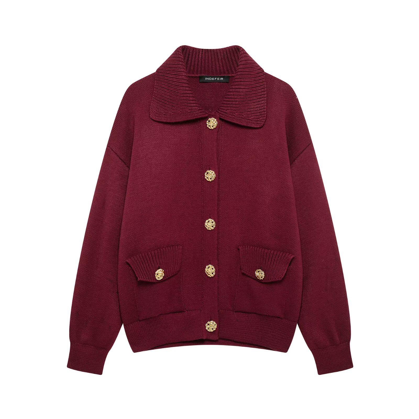 

Кардиган женский в европейском и американском стиле с длинным рукавом и отложным воротником 2025 Large багровый