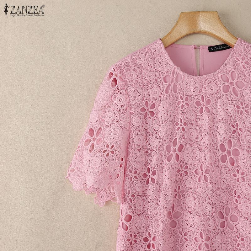 ZANZEA Women Casual Round Neck Short Sleeve Patchwork Lace Crochet Dress